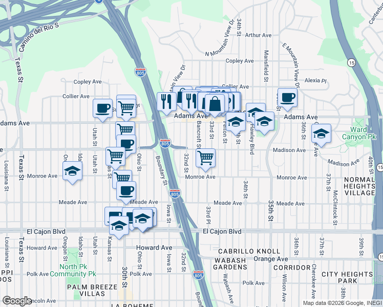 map of restaurants, bars, coffee shops, grocery stores, and more near 4551 32nd Street in San Diego