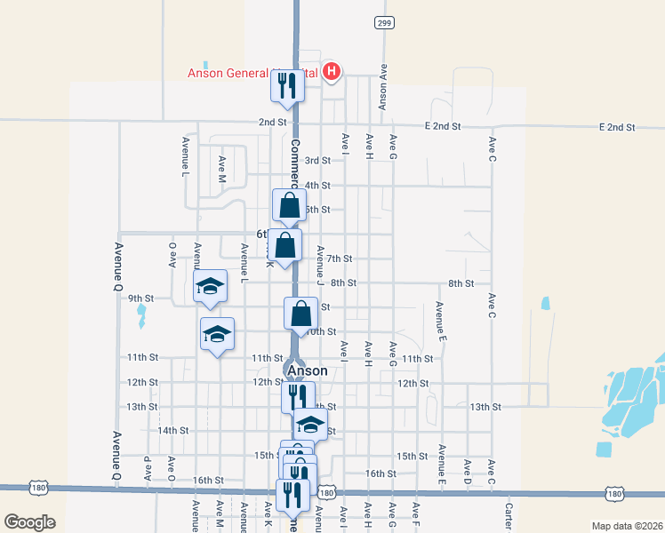 map of restaurants, bars, coffee shops, grocery stores, and more near 801 Avenue J in Anson