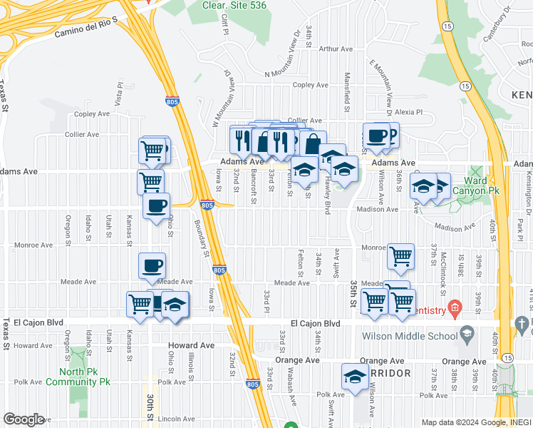 map of restaurants, bars, coffee shops, grocery stores, and more near 4580 33rd Street in San Diego