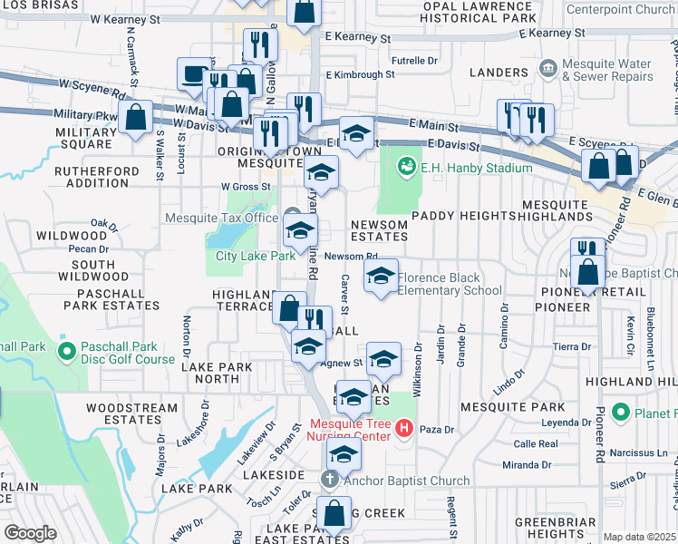 map of restaurants, bars, coffee shops, grocery stores, and more near 708 Carver Street in Mesquite