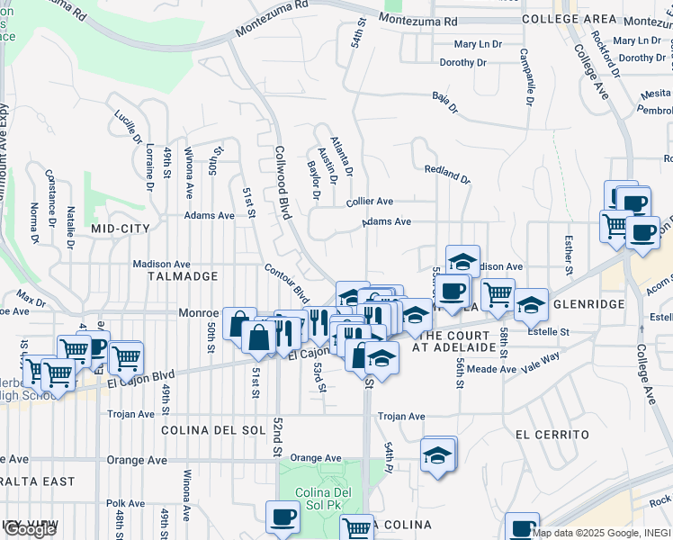 map of restaurants, bars, coffee shops, grocery stores, and more near 4545 Collwood Boulevard in San Diego
