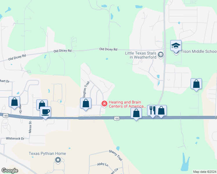 map of restaurants, bars, coffee shops, grocery stores, and more near 321 Wintergreen Court in Weatherford