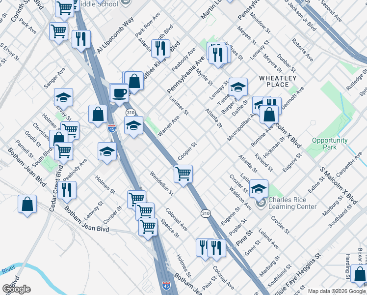 map of restaurants, bars, coffee shops, grocery stores, and more near 2215 Cooper Street in Dallas