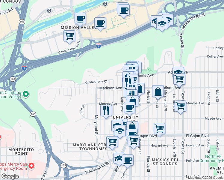 map of restaurants, bars, coffee shops, grocery stores, and more near 4545 Campus Avenue in San Diego