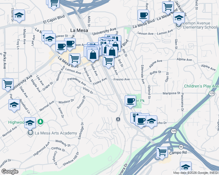 map of restaurants, bars, coffee shops, grocery stores, and more near 4544 Nebo Drive in La Mesa