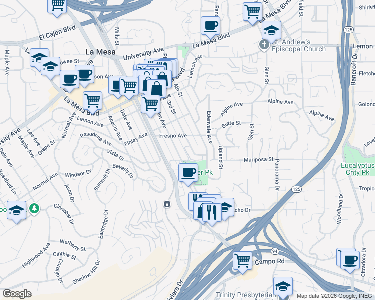 map of restaurants, bars, coffee shops, grocery stores, and more near 4514 3rd Street in La Mesa