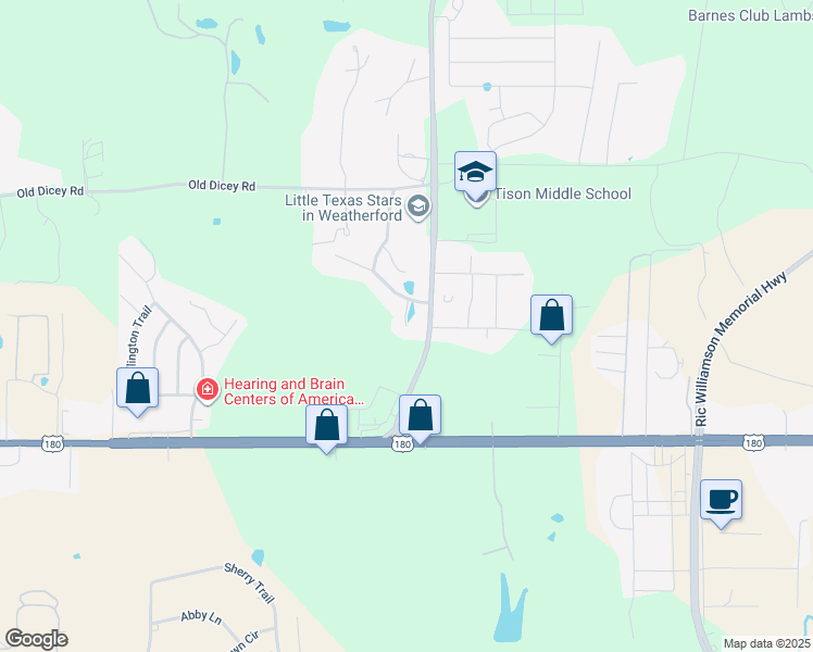 map of restaurants, bars, coffee shops, grocery stores, and more near 119 Kari Linda Court in Weatherford