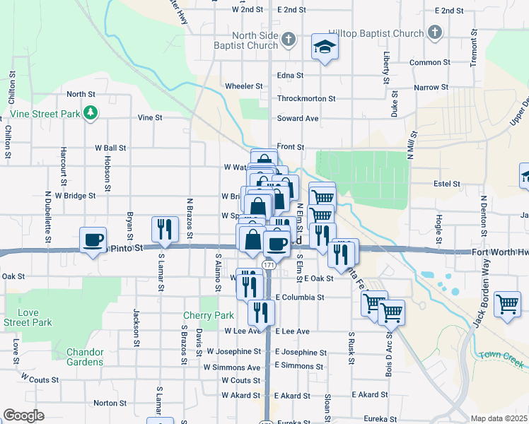 map of restaurants, bars, coffee shops, grocery stores, and more near in Weatherford