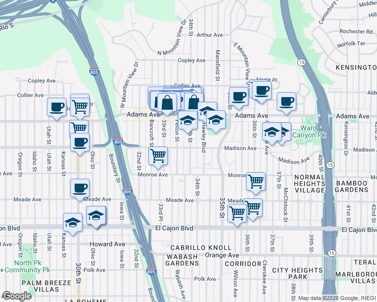 map of restaurants, bars, coffee shops, grocery stores, and more near 4588 34th Street in San Diego