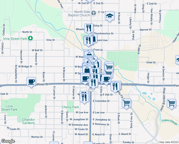 map of restaurants, bars, coffee shops, grocery stores, and more near 224 North Main Street in Weatherford