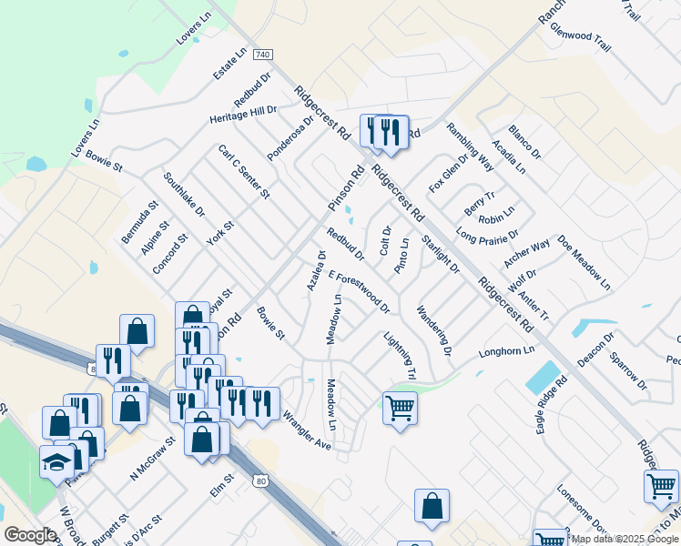 map of restaurants, bars, coffee shops, grocery stores, and more near 205 Redbud Drive in Forney