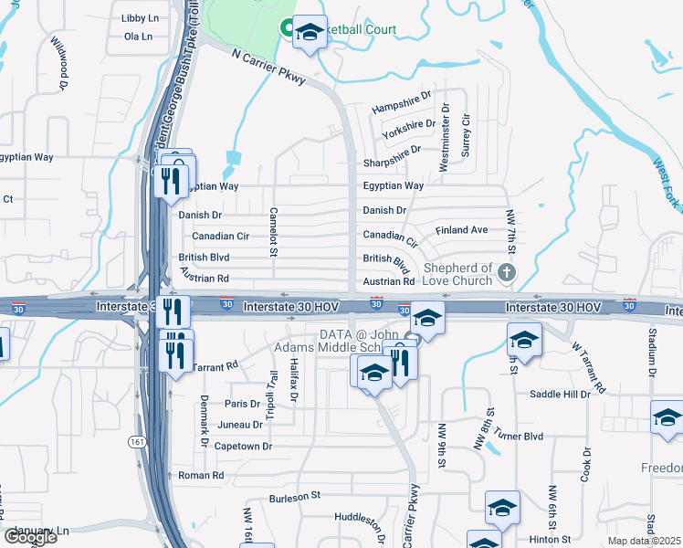 map of restaurants, bars, coffee shops, grocery stores, and more near 1517 North Carrier Parkway in Grand Prairie