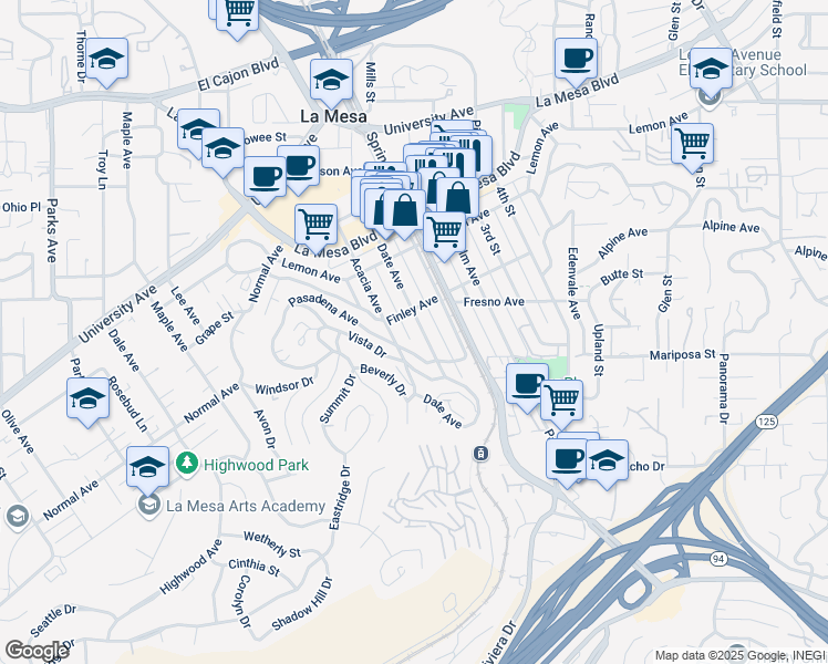 map of restaurants, bars, coffee shops, grocery stores, and more near 4566 Date Avenue in La Mesa