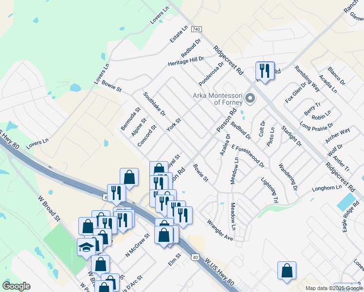 map of restaurants, bars, coffee shops, grocery stores, and more near 416 Bowie Street in Forney