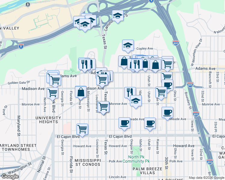 map of restaurants, bars, coffee shops, grocery stores, and more near 4590 Arizona Street in San Diego