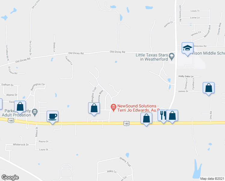 map of restaurants, bars, coffee shops, grocery stores, and more near 313 Wonder Oak Court in Weatherford
