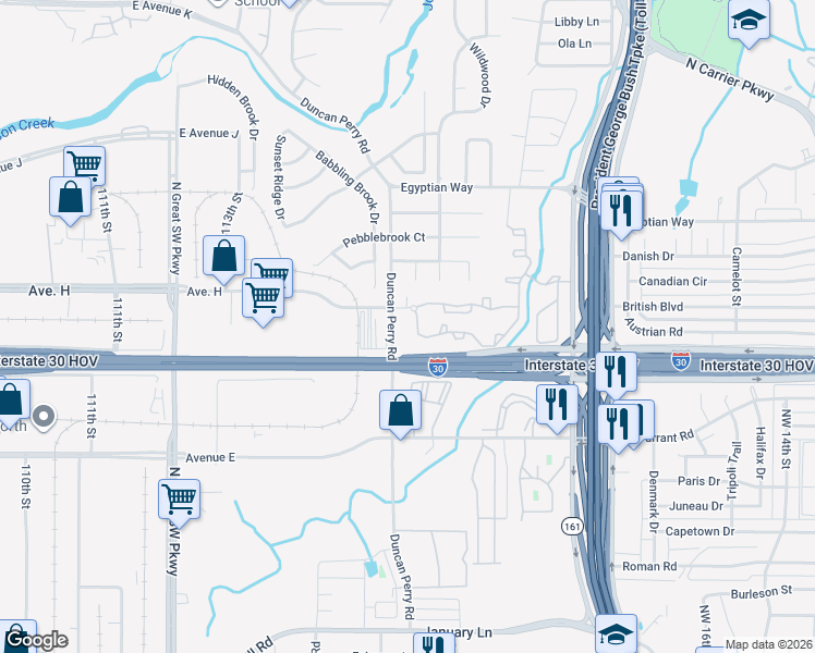 map of restaurants, bars, coffee shops, grocery stores, and more near 1502 Duncan Perry Road in Grand Prairie