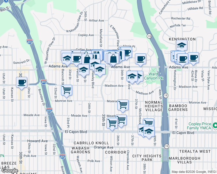 map of restaurants, bars, coffee shops, grocery stores, and more near 3535 Madison Avenue in San Diego