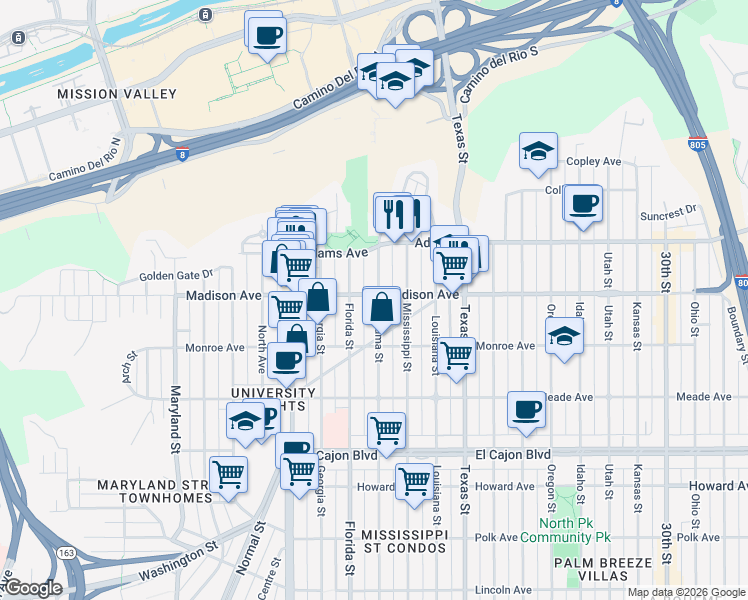 map of restaurants, bars, coffee shops, grocery stores, and more near 2043 Madison Avenue in San Diego