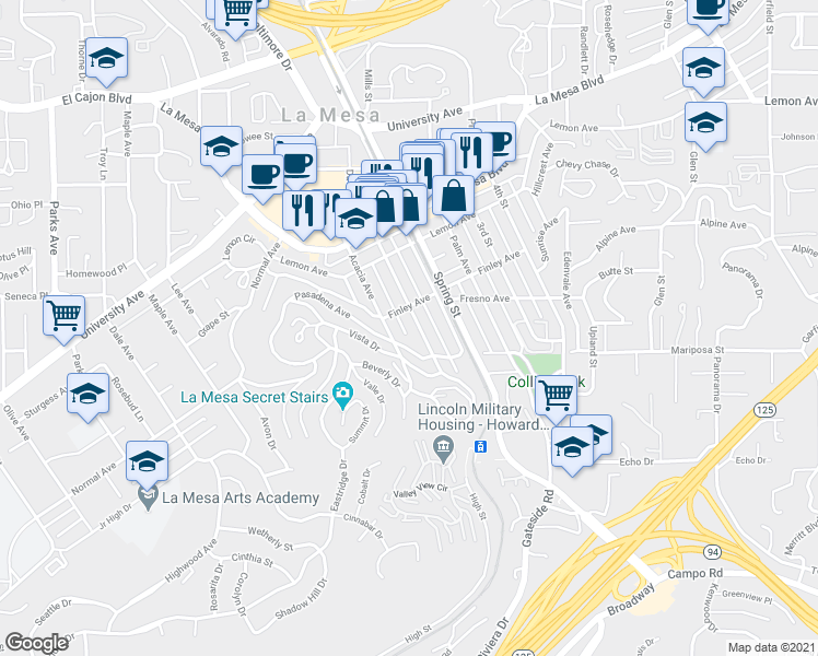 map of restaurants, bars, coffee shops, grocery stores, and more near 8255 Finley Avenue in La Mesa