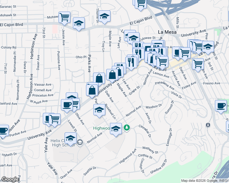 map of restaurants, bars, coffee shops, grocery stores, and more near 4563 Maple Avenue in La Mesa