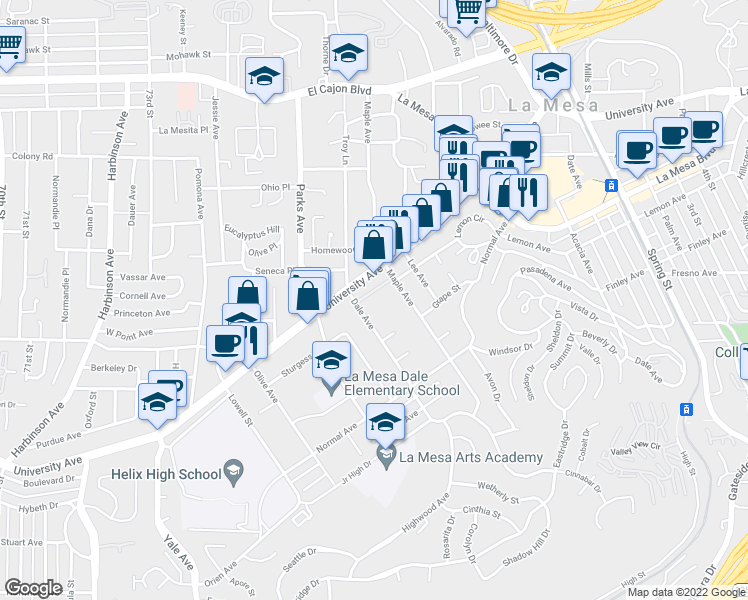 map of restaurants, bars, coffee shops, grocery stores, and more near 7708 University Avenue in La Mesa