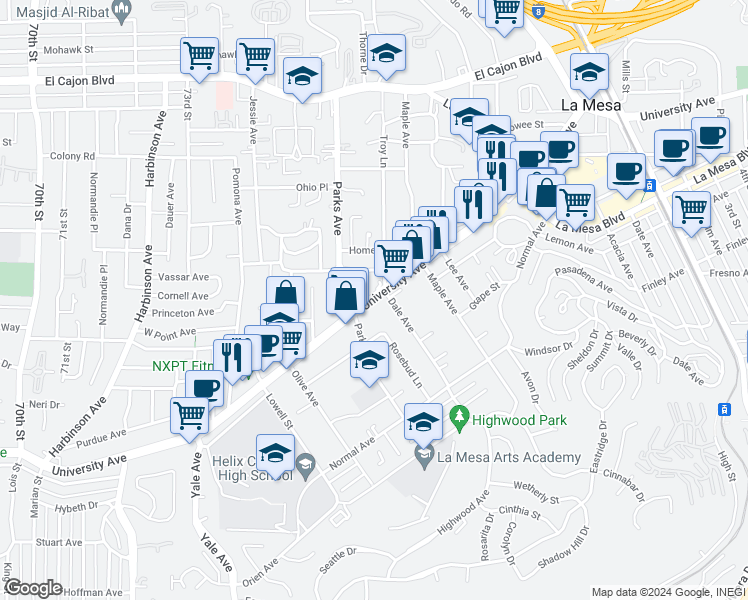 map of restaurants, bars, coffee shops, grocery stores, and more near 4545 Parks Avenue in La Mesa
