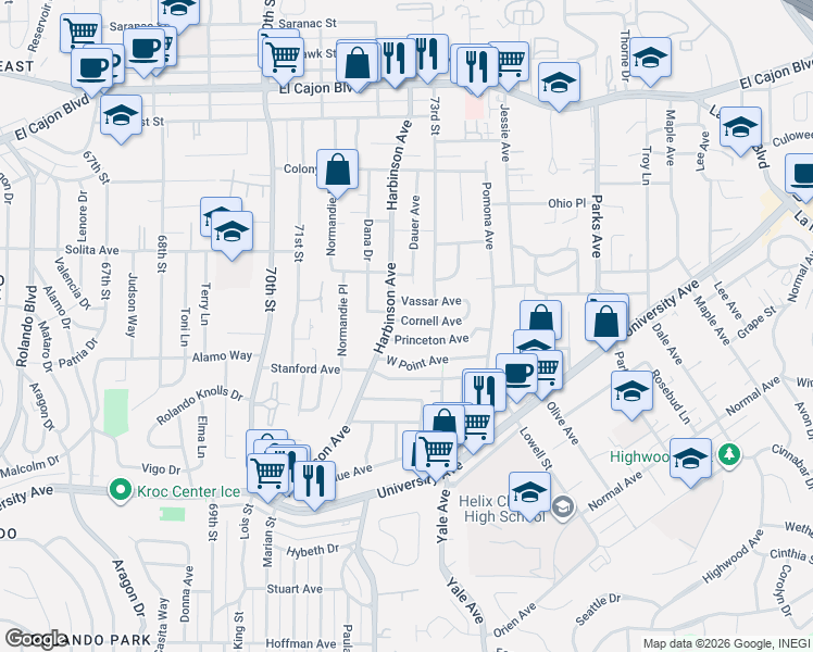 map of restaurants, bars, coffee shops, grocery stores, and more near 4551 Harbinson Avenue in La Mesa