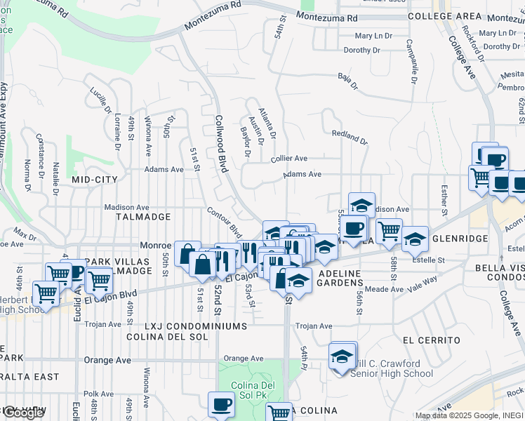 map of restaurants, bars, coffee shops, grocery stores, and more near 4633 Antioch Place in San Diego