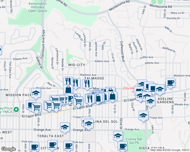 map of restaurants, bars, coffee shops, grocery stores, and more near 4629 49th Street in San Diego