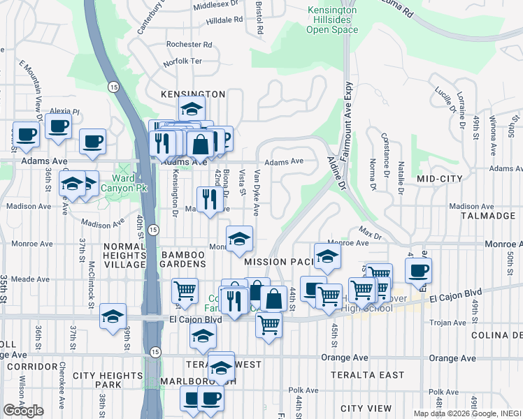 map of restaurants, bars, coffee shops, grocery stores, and more near 4611 Van Dyke Avenue in San Diego