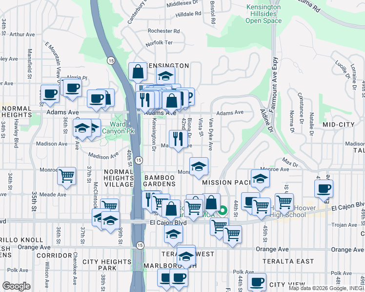 map of restaurants, bars, coffee shops, grocery stores, and more near 4621 Edgeware Road in San Diego