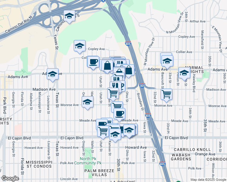 map of restaurants, bars, coffee shops, grocery stores, and more near 4622 1/2 30th Street in San Diego