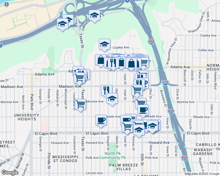 map of restaurants, bars, coffee shops, grocery stores, and more near 4635 Oregon Street in San Diego