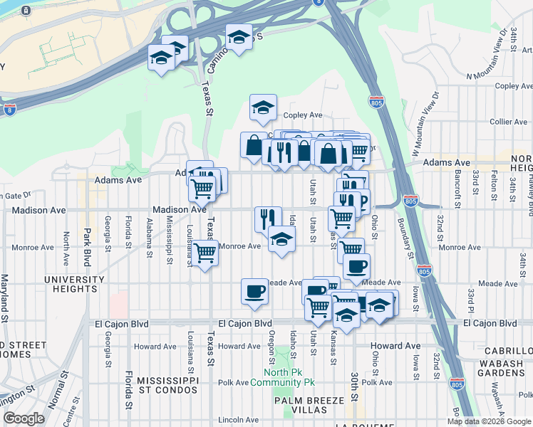 map of restaurants, bars, coffee shops, grocery stores, and more near 2716 Madison Avenue in San Diego