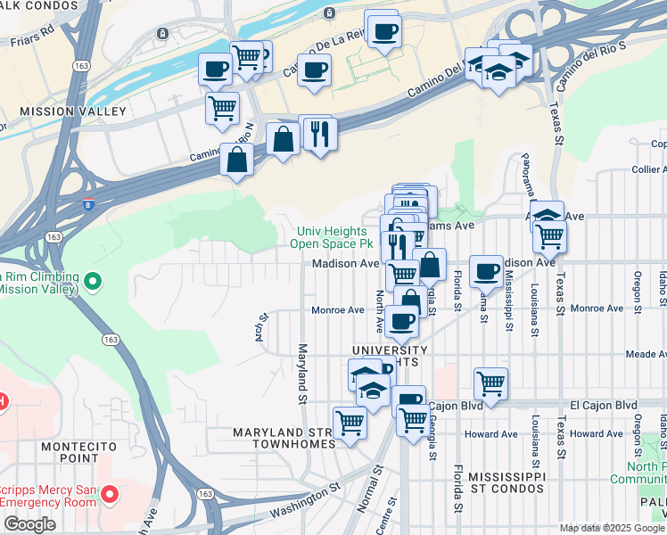 map of restaurants, bars, coffee shops, grocery stores, and more near 4627 Cleveland Avenue in San Diego