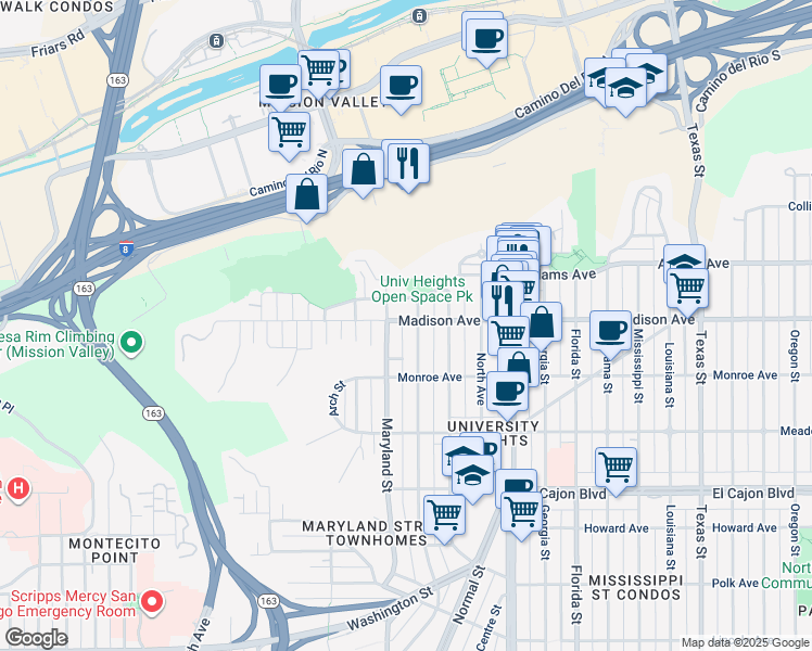 map of restaurants, bars, coffee shops, grocery stores, and more near 4627 Cleveland Avenue in San Diego