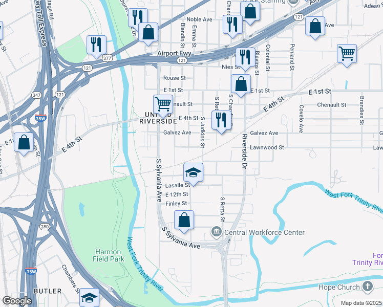 map of restaurants, bars, coffee shops, grocery stores, and more near 420 Baurline Street in Fort Worth