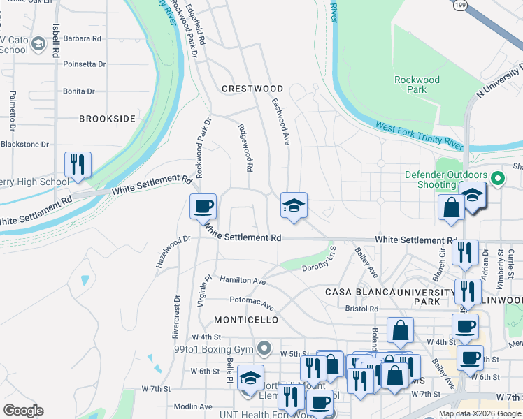 map of restaurants, bars, coffee shops, grocery stores, and more near 3805 Crestwood Terrace in Fort Worth