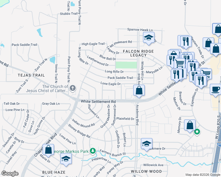 map of restaurants, bars, coffee shops, grocery stores, and more near 10024 Lone Eagle Drive in Fort Worth
