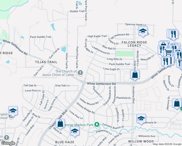 map of restaurants, bars, coffee shops, grocery stores, and more near 236 North Bugle Drive in Fort Worth
