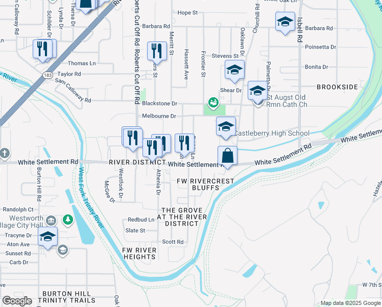 map of restaurants, bars, coffee shops, grocery stores, and more near 117 Priddy Lane in Fort Worth