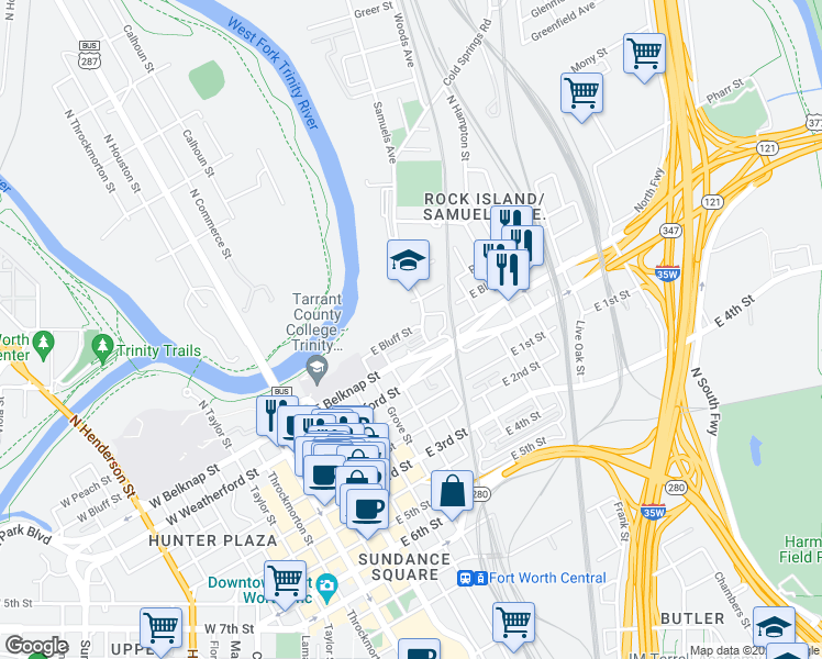 map of restaurants, bars, coffee shops, grocery stores, and more near 745 East Bluff Street in Fort Worth