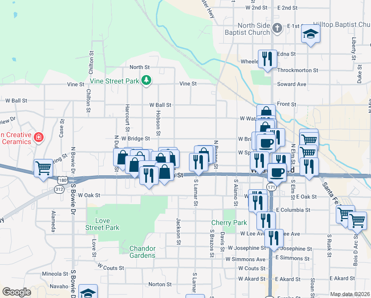 map of restaurants, bars, coffee shops, grocery stores, and more near 514 West Spring Street in Weatherford