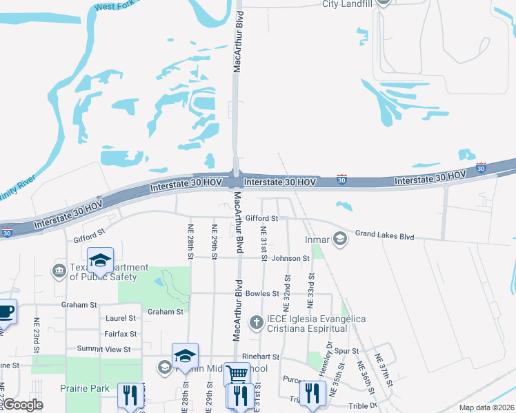 map of restaurants, bars, coffee shops, grocery stores, and more near 3030 Leonard Street in Grand Prairie