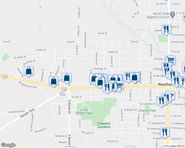 map of restaurants, bars, coffee shops, grocery stores, and more near 908 West Spring Street in Weatherford