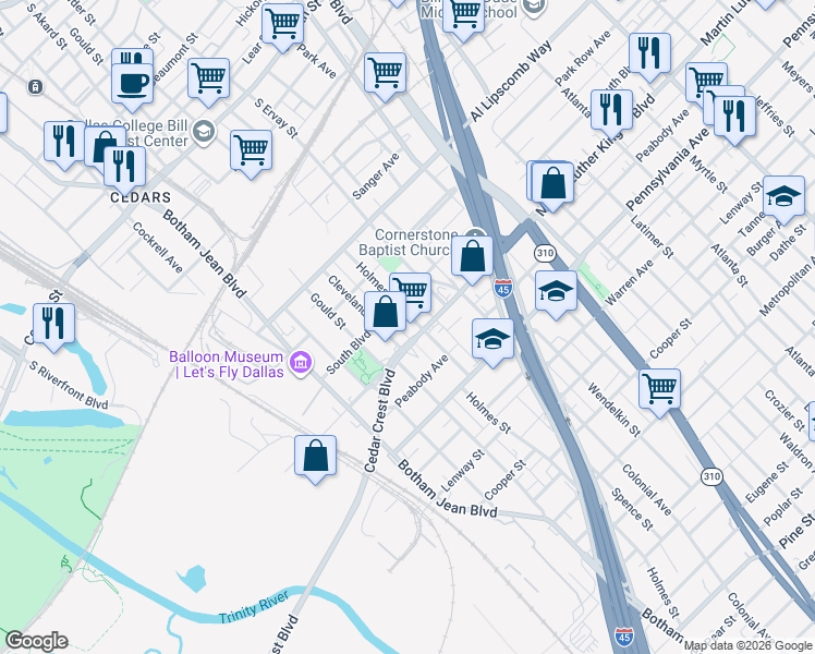map of restaurants, bars, coffee shops, grocery stores, and more near 2912 Holmes Street in Dallas