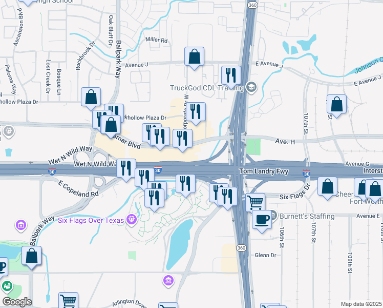 map of restaurants, bars, coffee shops, grocery stores, and more near 2420 East Lamar Boulevard in Arlington