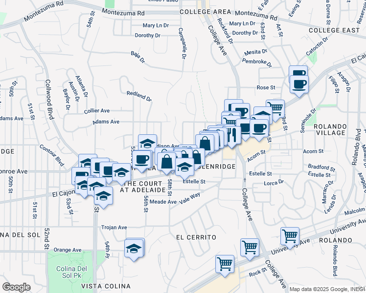 map of restaurants, bars, coffee shops, grocery stores, and more near Madison Avenue & Ashby Street in San Diego