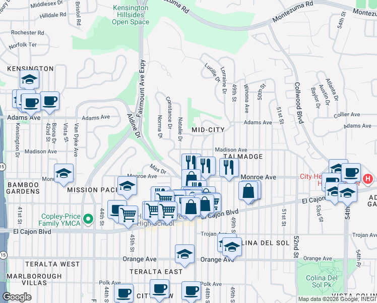 map of restaurants, bars, coffee shops, grocery stores, and more near 4594 47th Street in San Diego